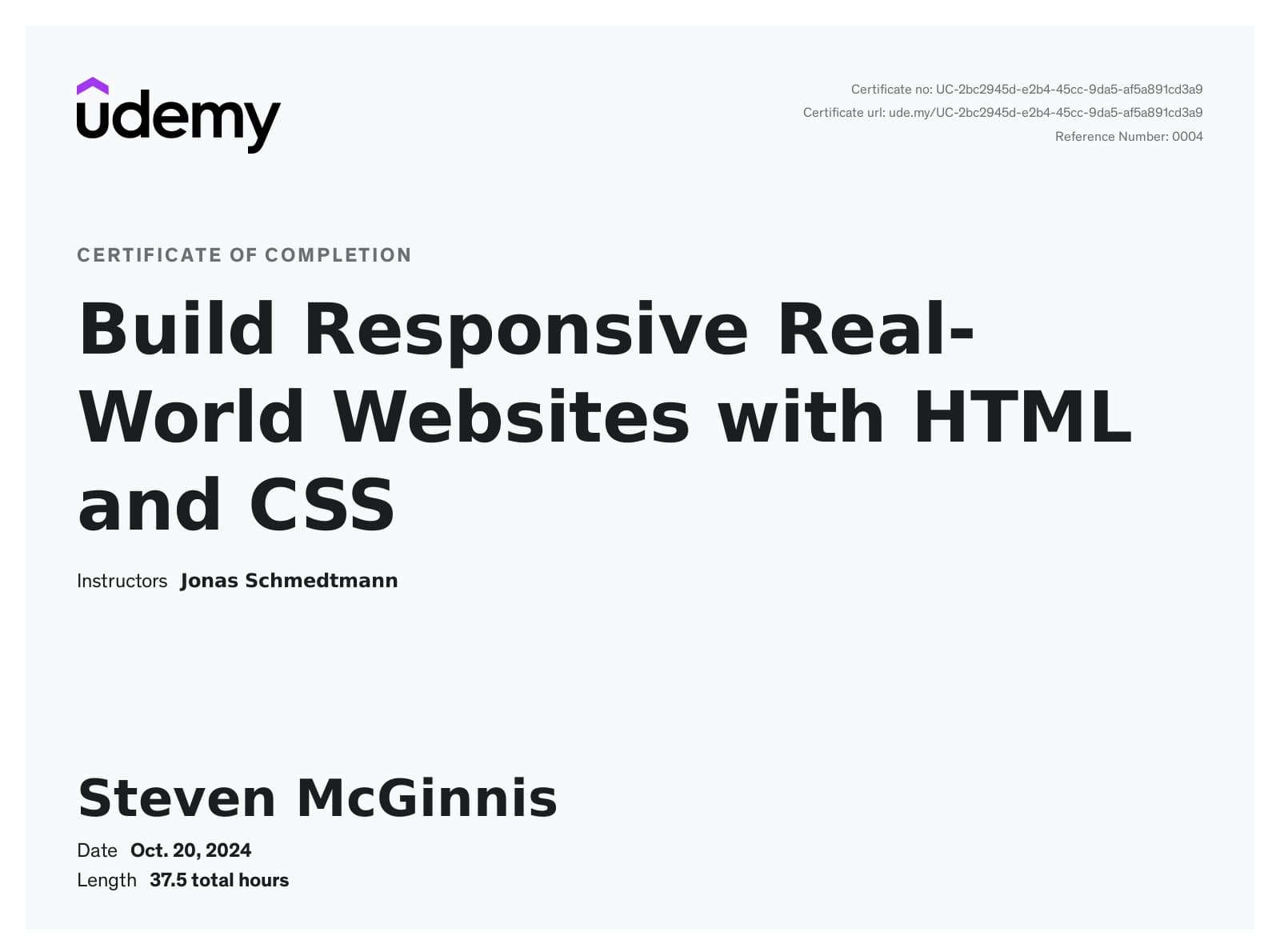 Build Responsive Real-World Websites with HTML and CSS certificate