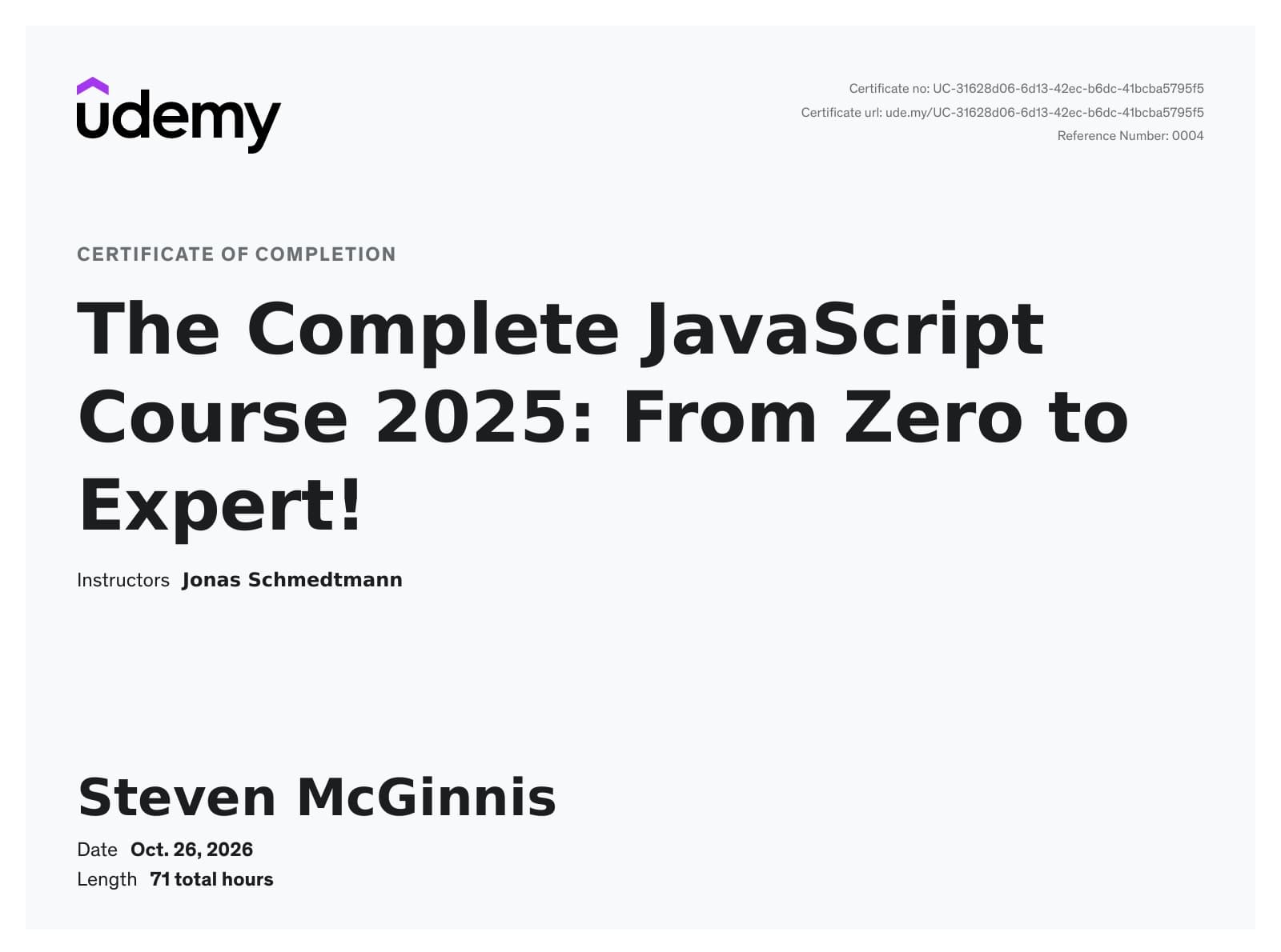 The Complete JavaScript Course 2025: From Zero to Expert! certificate