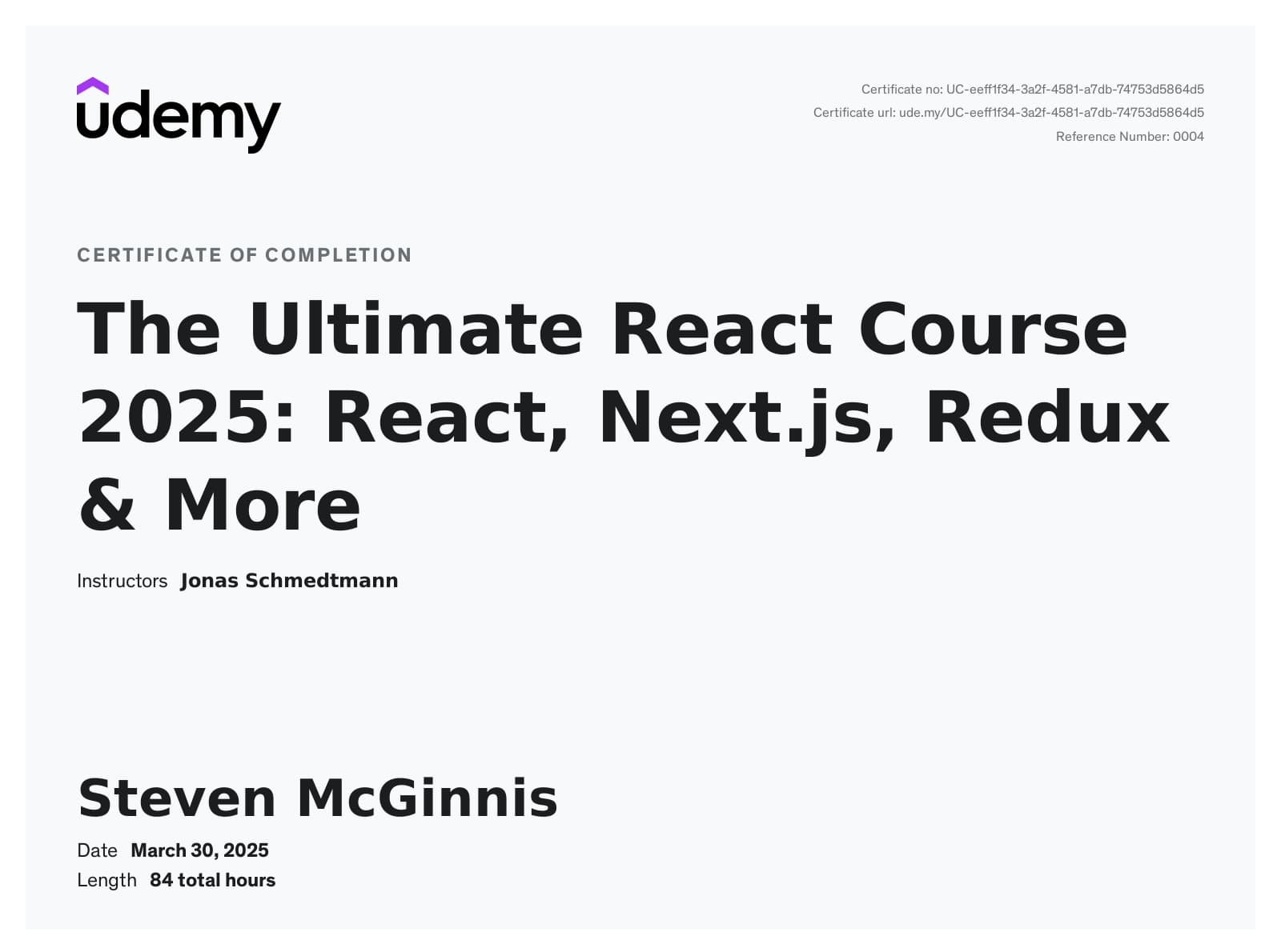 The Ultimate React Course 2025: React, Next.js, Redux & More certificate